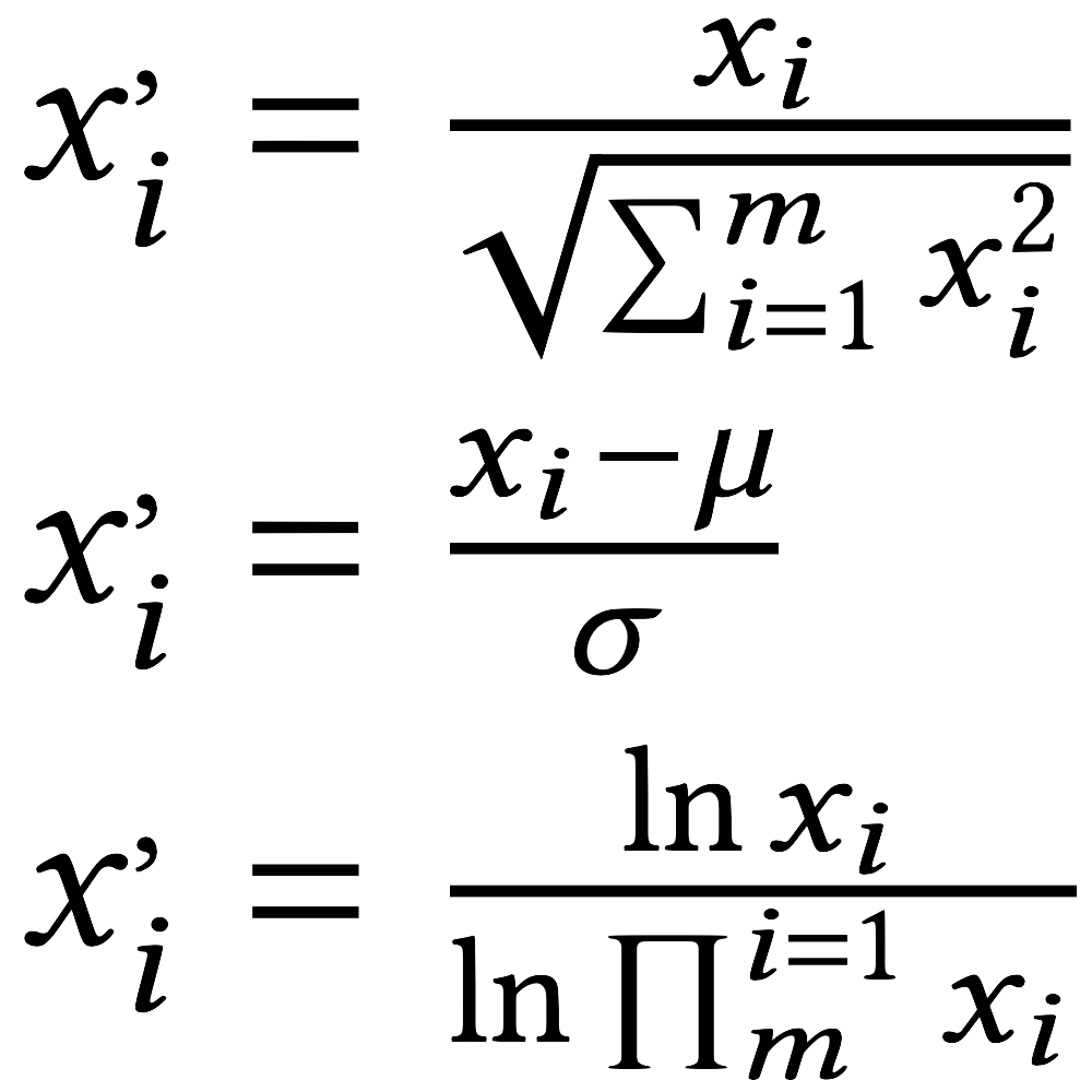 normalisation formulae (vector, z-score, logarithmic)